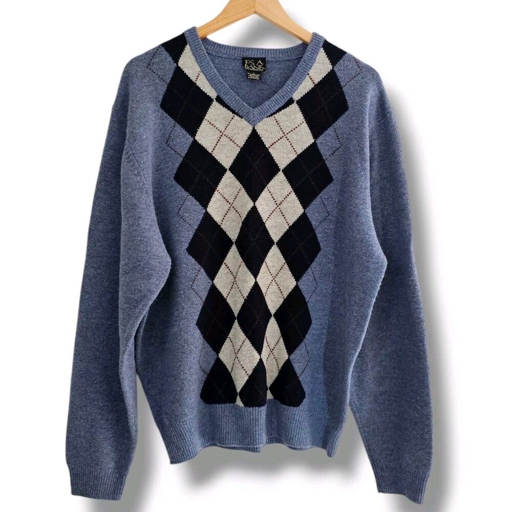 Jos A Bank Argyle Sweater Lambs Wool Mens L Blue Cream Academia Preppy Old Money